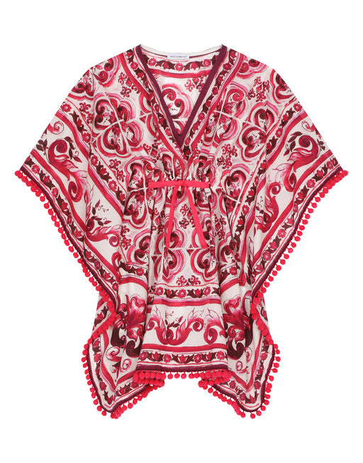 MAJOLICA-PRINT BATISTE CAFTAN WITH DRAWSTRING WAIST