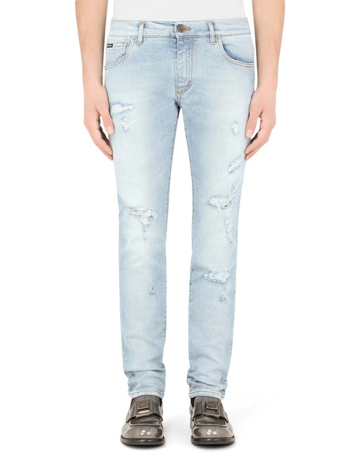 LIGHT BLUE SKINNY STRETCH JEANS WITH RIPS