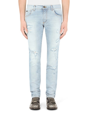 LIGHT BLUE SKINNY STRETCH JEANS WITH RIPS