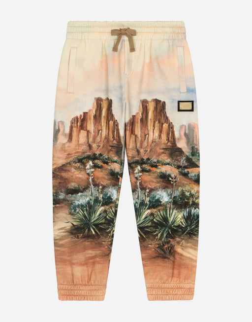 COTTON JOGGING PANTS WITH CANYON PRINT AND LOGO TAG