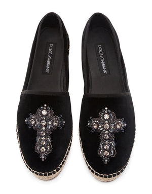 VELVET ESPADRILLES WITH ROPE SOLE AND CROSS EMBROIDERY