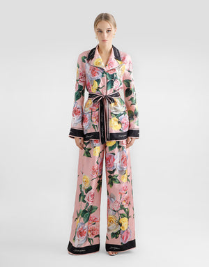 SILK PAJAMA PANTS WITH ROSE AND PEONY PRINT