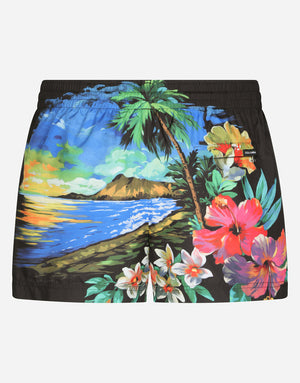 SHORT SWIM TRUNKS WITH HAWAIIAN PRINT