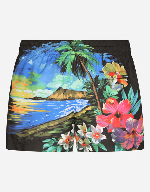 SHORT SWIM TRUNKS WITH HAWAIIAN PRINT