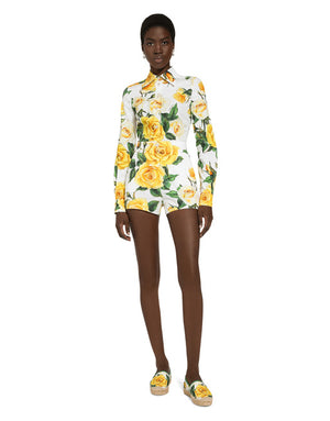 LONG-SLEEVED COTTON SHIRT WITH YELLOW ROSE PRINT