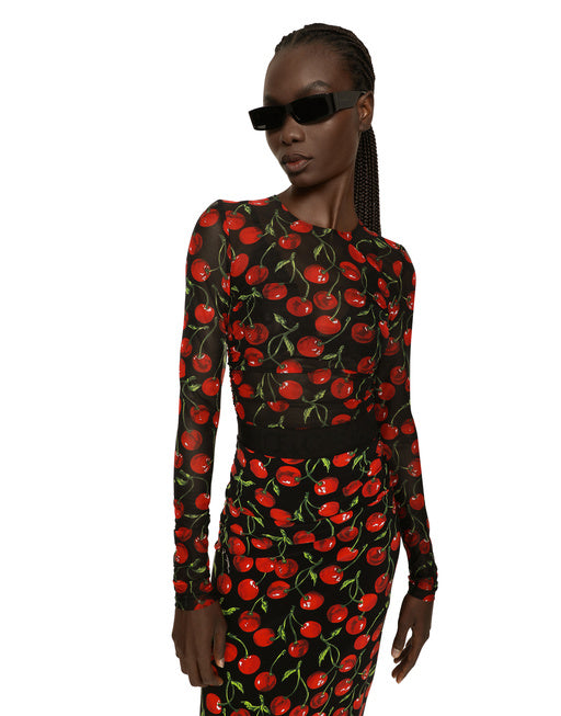 LONG-SLEEVED TULLE TOP WITH CHERRY PRINT AND DRAPING