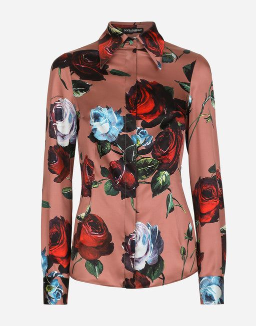 SATIN SHIRT WITH VINTAGE ROSE PRINT