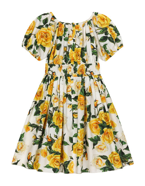 POPLIN DRESS WITH YELLOW ROSE PRINT