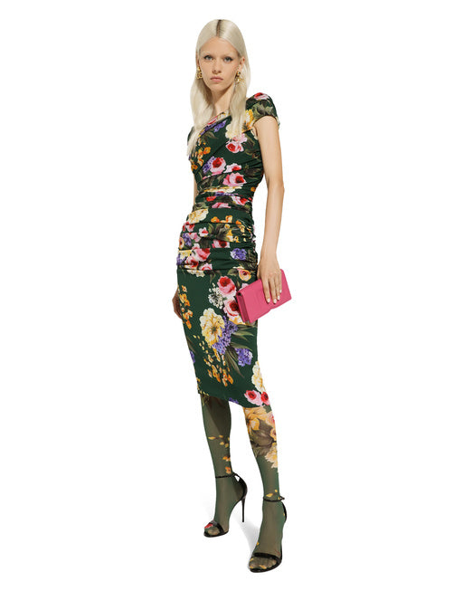 CHARMEUSE DRAPED SHEATH DRESS WITH GARDEN PRINT