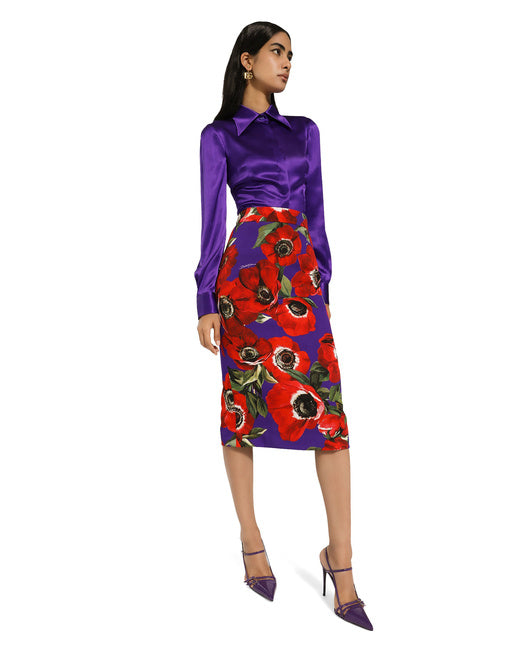 CHARMEUSE CALF-LENGTH SKIRT WITH ANEMONE PRINT