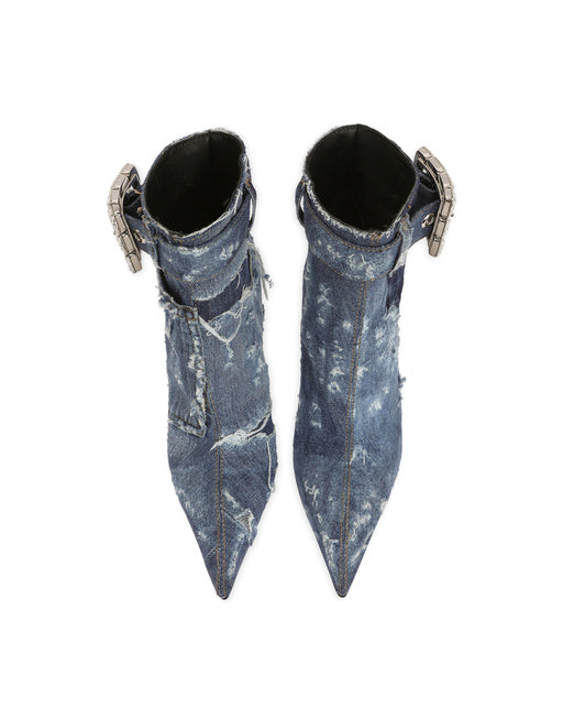 PATCHWORK DENIM ANKLE BOOTS WITH RHINESTONE BUCKLE