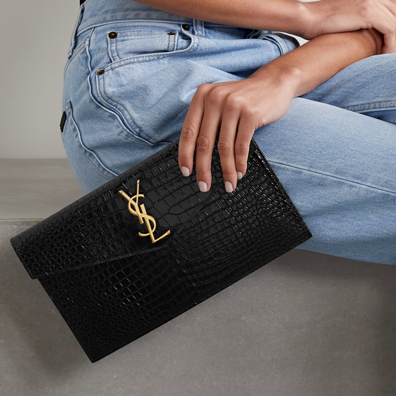 Pochette Uptown Shiny Embossed Crocodile Leather "Gold"