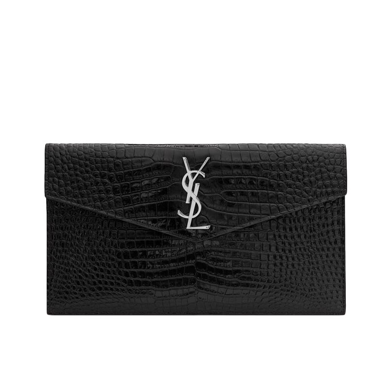 Pochette Uptown Shiny Embossed Crocodile Leather "Silver"